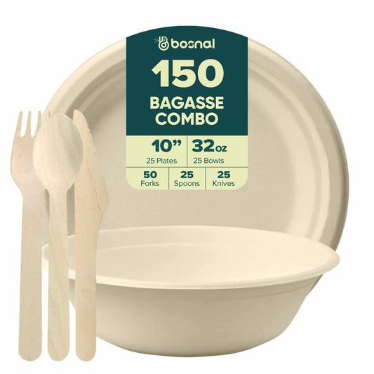 10 Inch Round Compostable Plates, 32 Oz Bowls & Cutlery, Sugarcane Bagasse Eco-Friendly Disposable Tableware