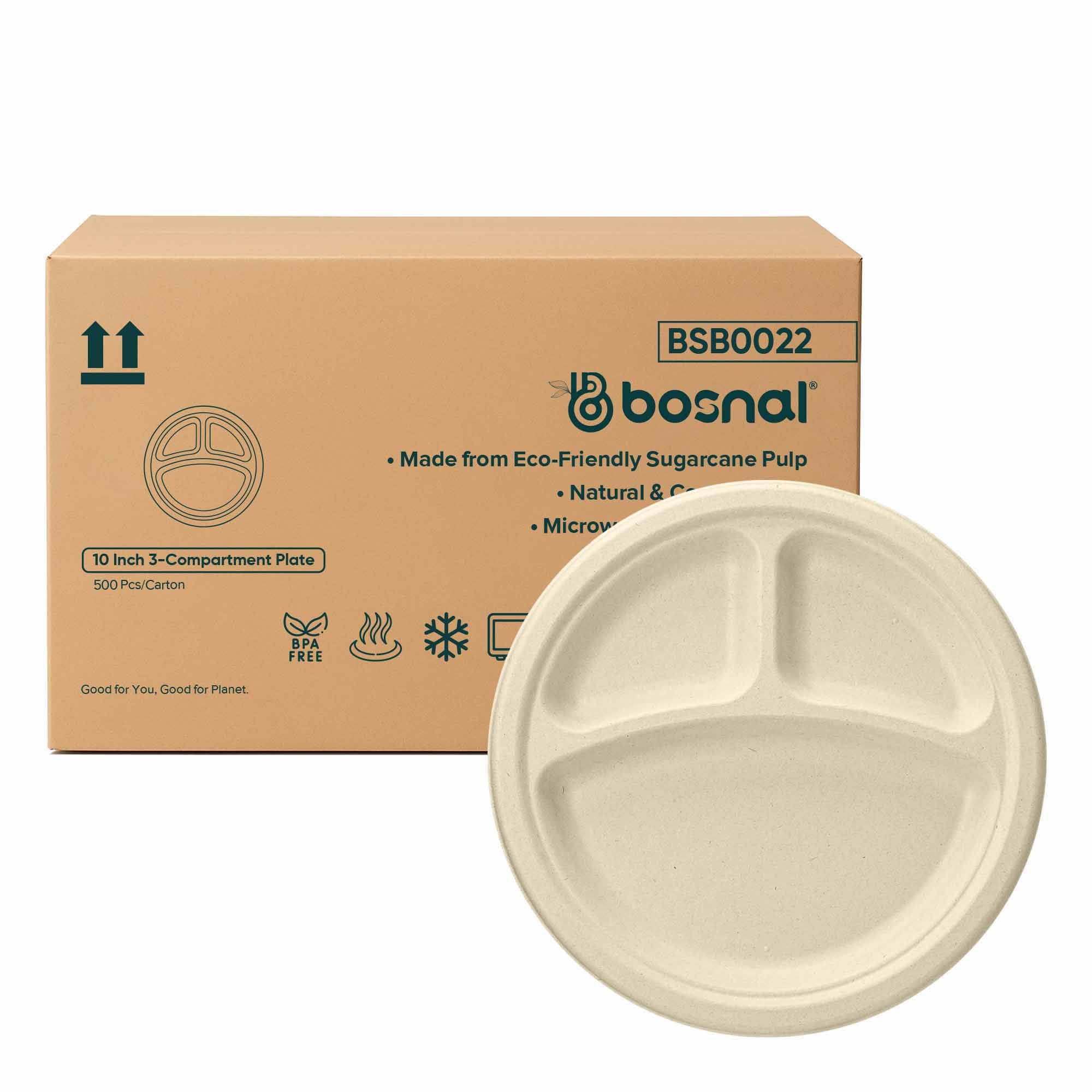 Bosnal - Sugarcane Bagasse Compostable 10 inch Round 3-Compartment Plates - Case of 20 (500 Pcs)