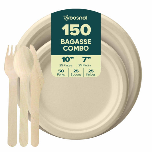 150-Piece Bagasse Dinner & Dessert Plates Set with Wooden Cutlery