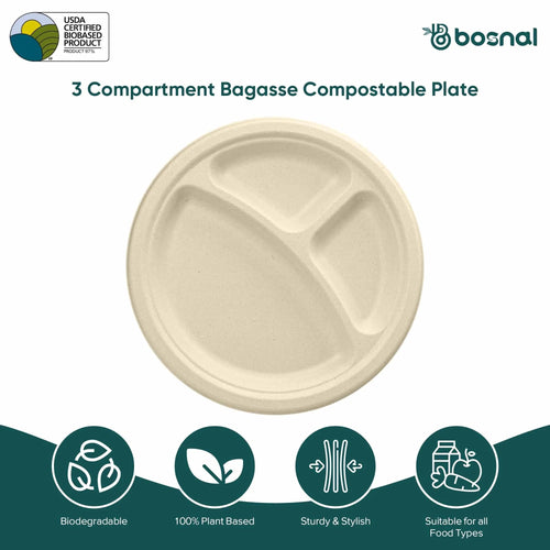10 Inch Round 3-Compartment Compostable Plates, 100% Sugarcane Bagasse, Eco-Friendly, Microwave Safe, BPA-Free, Leak-Resistant