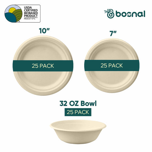10 Inch & 7 Inch Round Plates with 32 oz Bowls, 100% Plant-Based Sugarcane Bagasse, Compostable, Microwave Safe Dinnerware