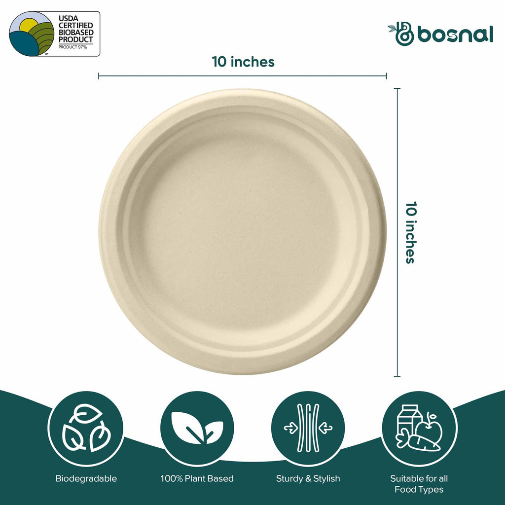 Bosnal - Sugarcane Bagasse Compostable Plates, 10 inch, Round