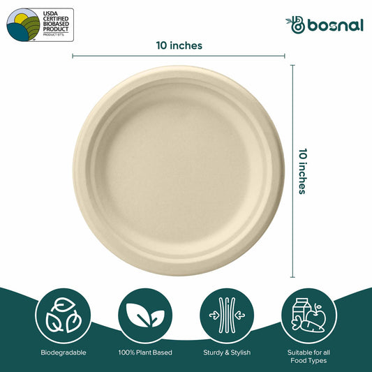 10 Inch Round Bagasse Compostable Plates – Biodegradable Sugarcane Pulp Plates, Sturdy Eco-Friendly Disposable Tableware for Parties & Events