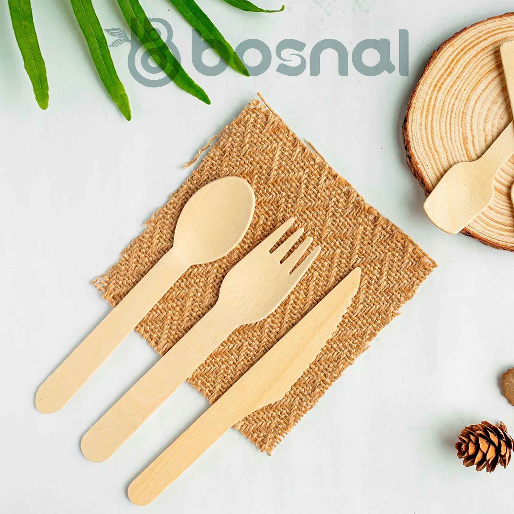 Bosnal – Wooden Disposable Cutlery Set, 6.5 inch, 100 Pcs, Birch Wood Spoons, Forks & Knives
