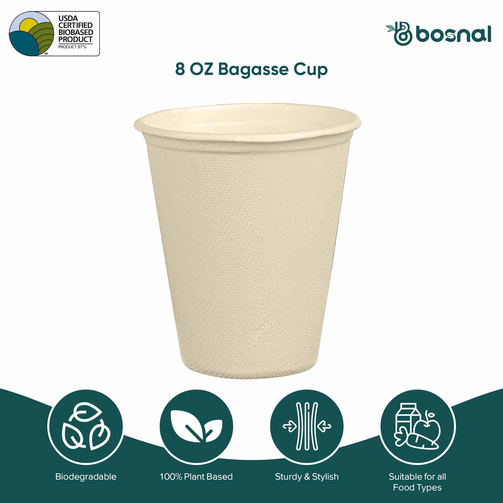 Bosnal - Sugarcane Bagasse Compostable 8 Oz Cups with Lids