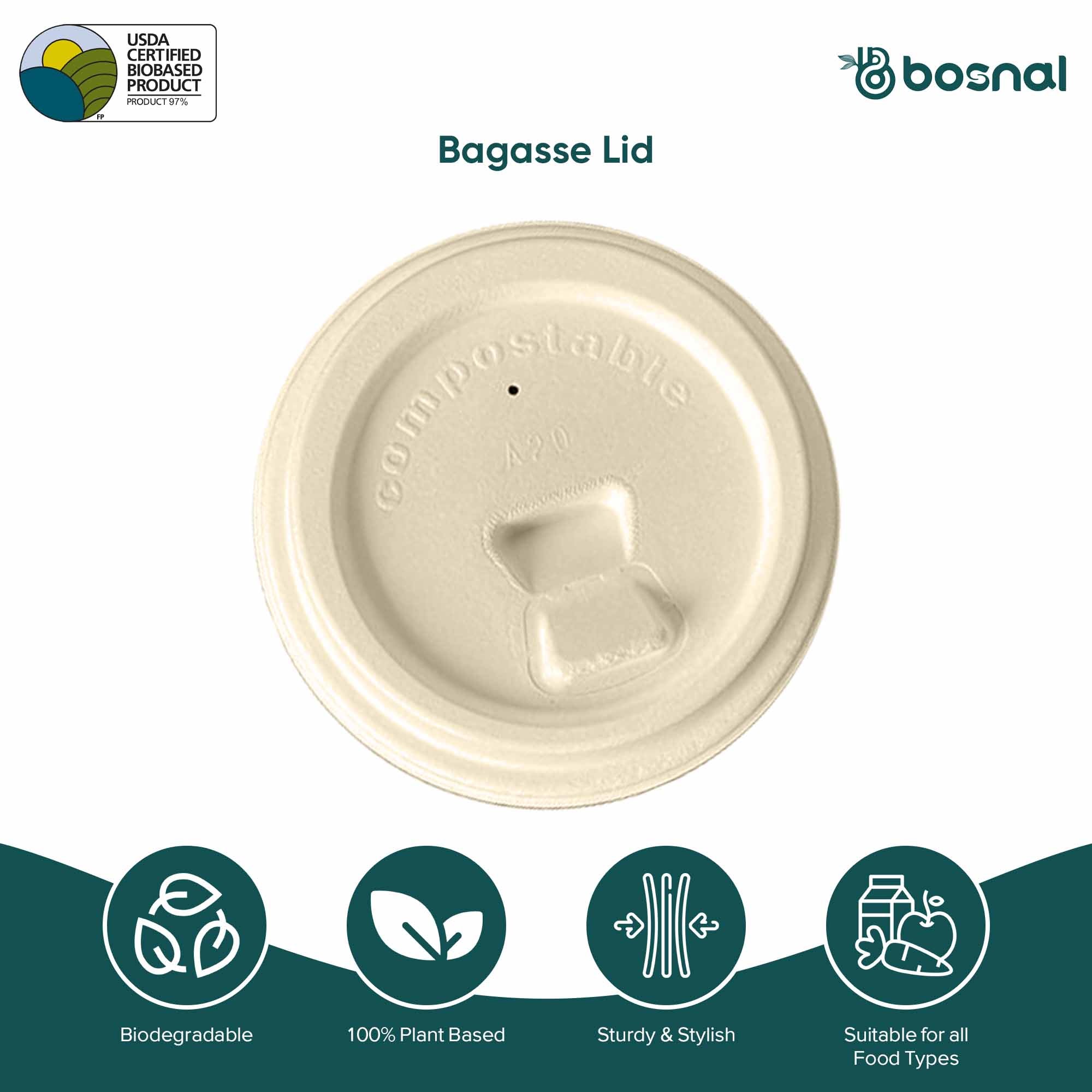 Bosnal - Sugarcane Bagasse Compostable Lids for 8 oz Cups – Case of 20 (500 Pcs)