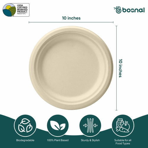 10 Inch Round Compostable Plates – 500 Pcs, 100% Sugarcane Bagasse, Eco-Friendly Disposable Plates for Hot & Cold Meals, Microwave Safe, BPA-Free, Sturdy
