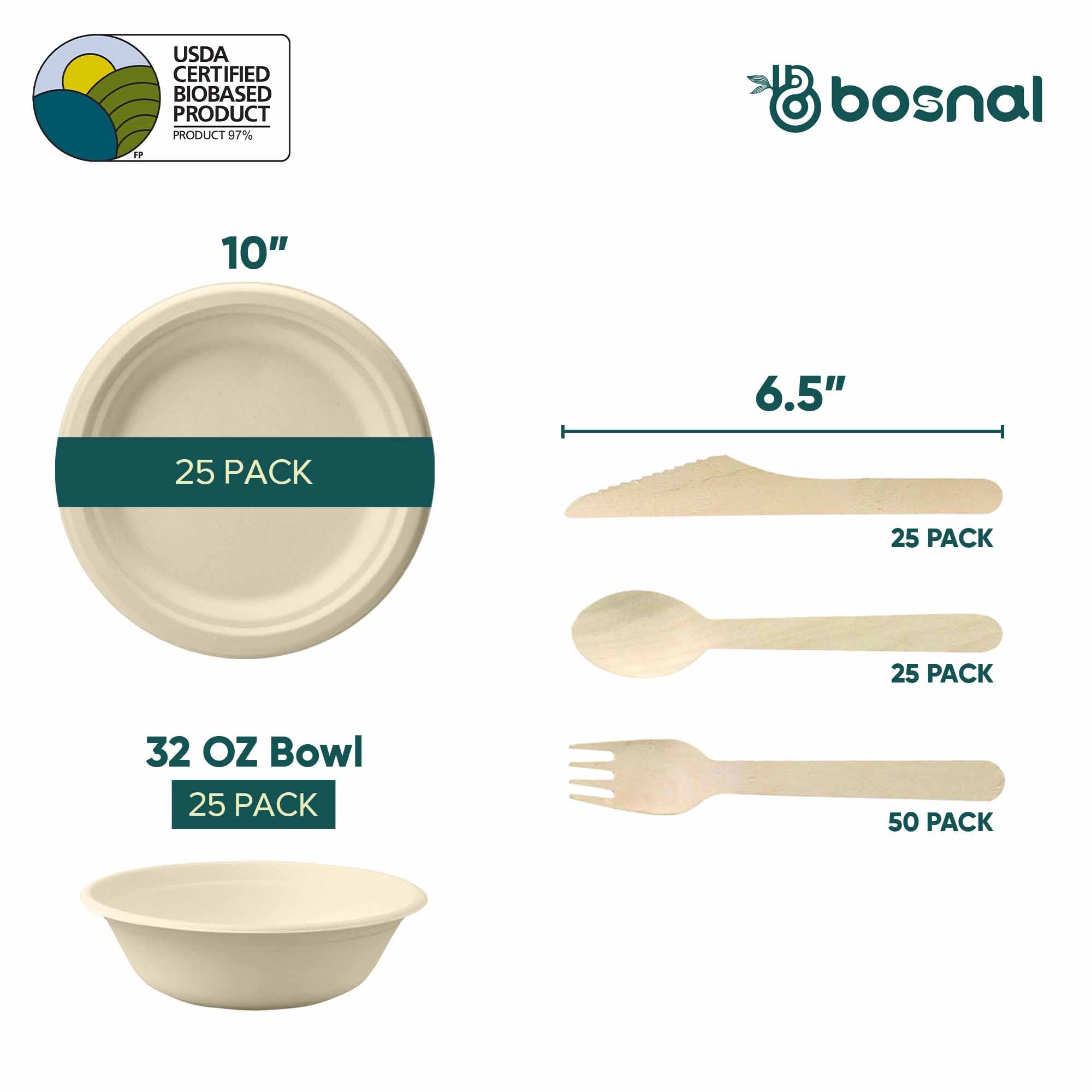 Bosnal – Sugarcane Bagasse Compostable 10 inch Round Plates with 32 Oz Bowls and Cutlery