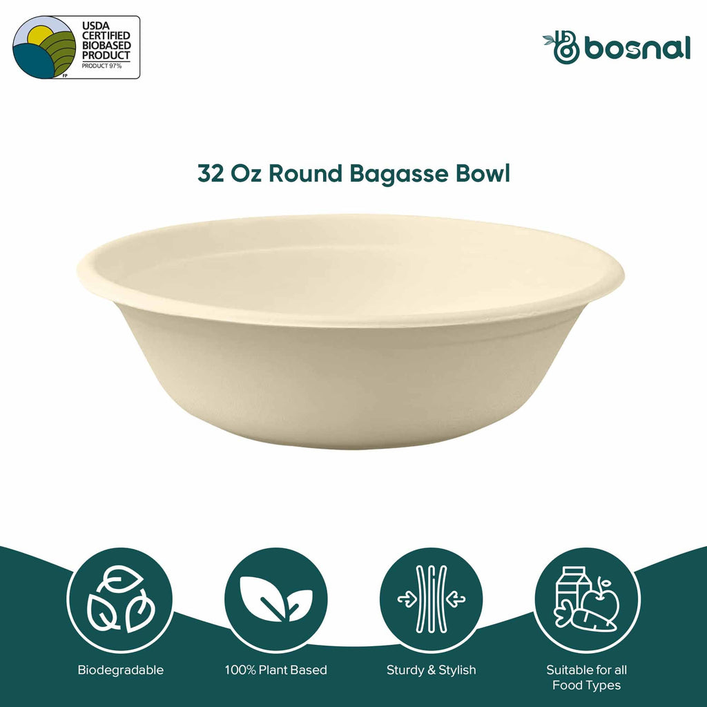 Bosnal - Sugarcane Bagasse Compostable 32 oz Round Bowls - Case of 16 (400 Pcs)