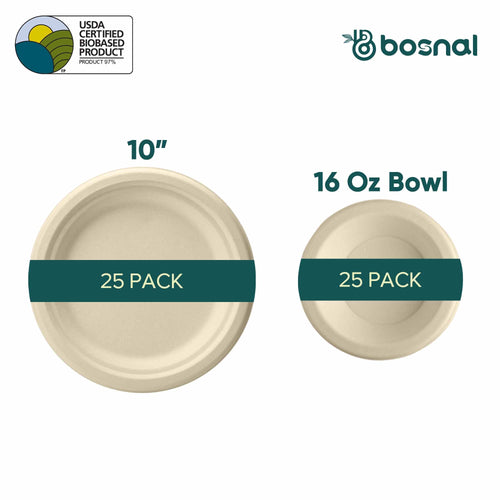 10 Inch Round Plates with 16 oz Bowls, 100% Plant-Based Sugarcane Bagasse, Compostable, Microwave Safe, Eco-Friendly Dinnerware