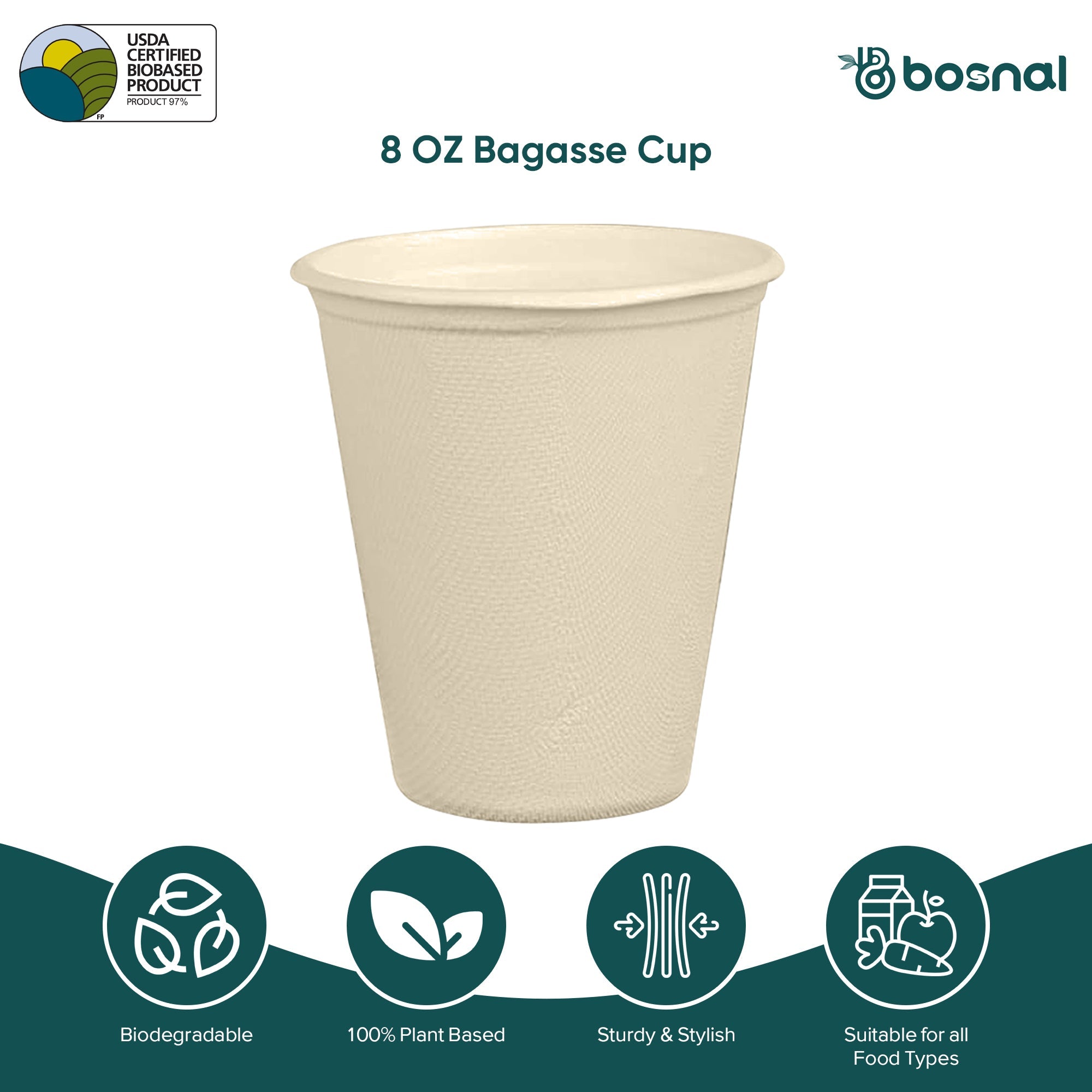 Bosnal - Sugarcane Bagasse Compostable 8 oz Cups – Case of 20 (500 Pcs)