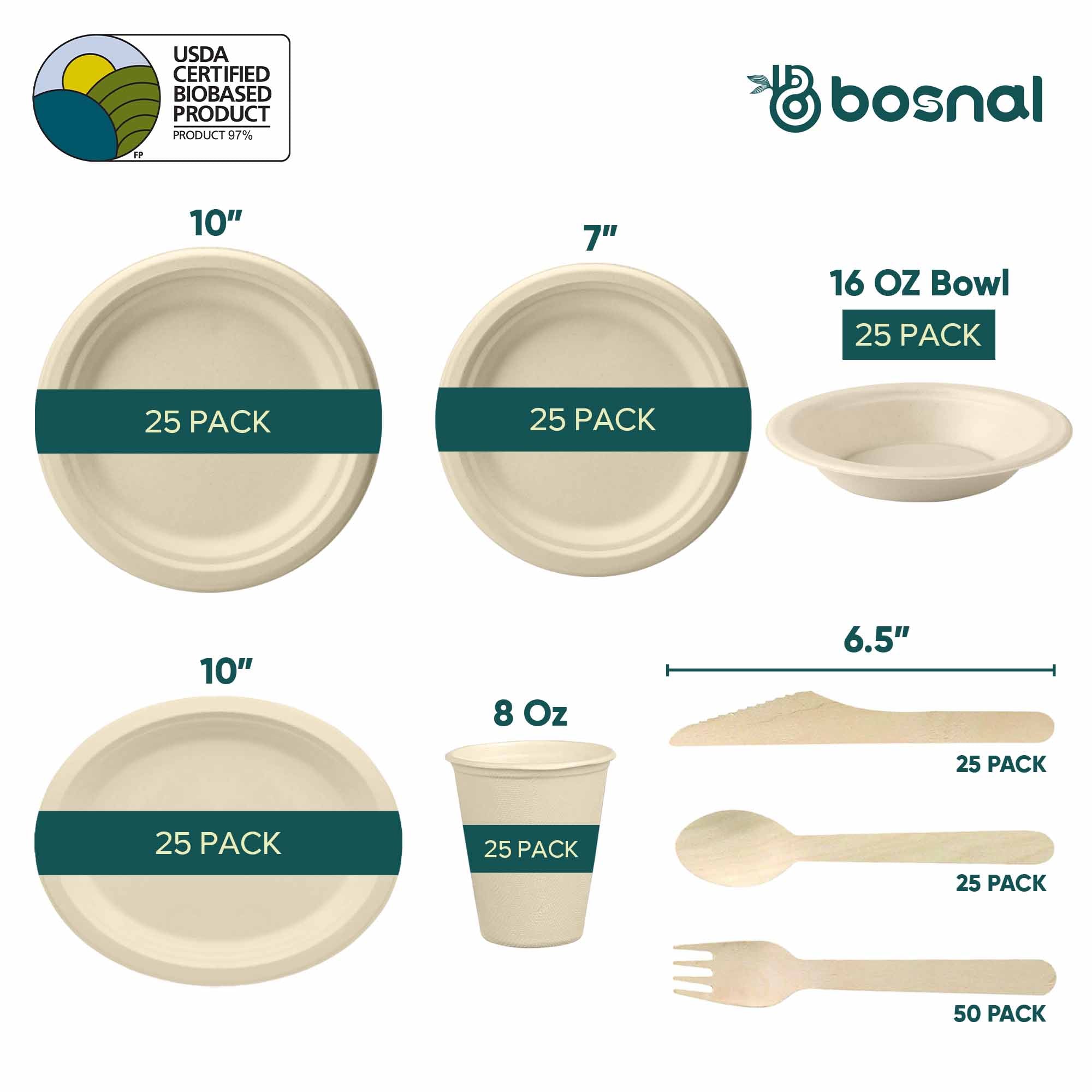 Bosnal – Sugarcane Bagasse Compostable 10 inch & 7 inch Round Plates, 10 inch Oval Plates, 16 Oz Bowls, 8 Oz Cups with Lids & Cutlery