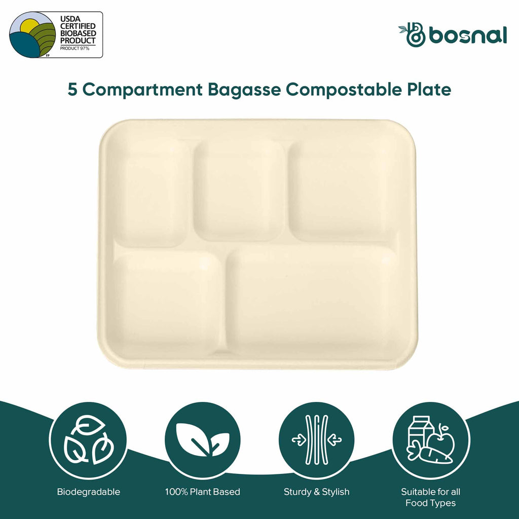 Bosnal - Sugarcane Bagasse Compostable Trays, 10 inch 5-Compartment, Rectangle