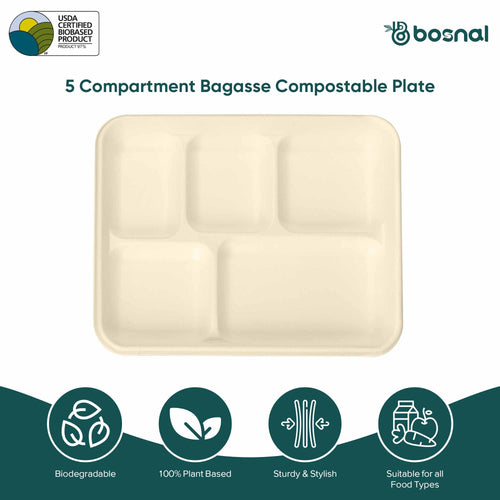 10 Inch Rectangle 5-Compartment Sugarcane Bagasse Compostable Trays, Eco-Friendly Disposable Food Trays, Microwave Safe