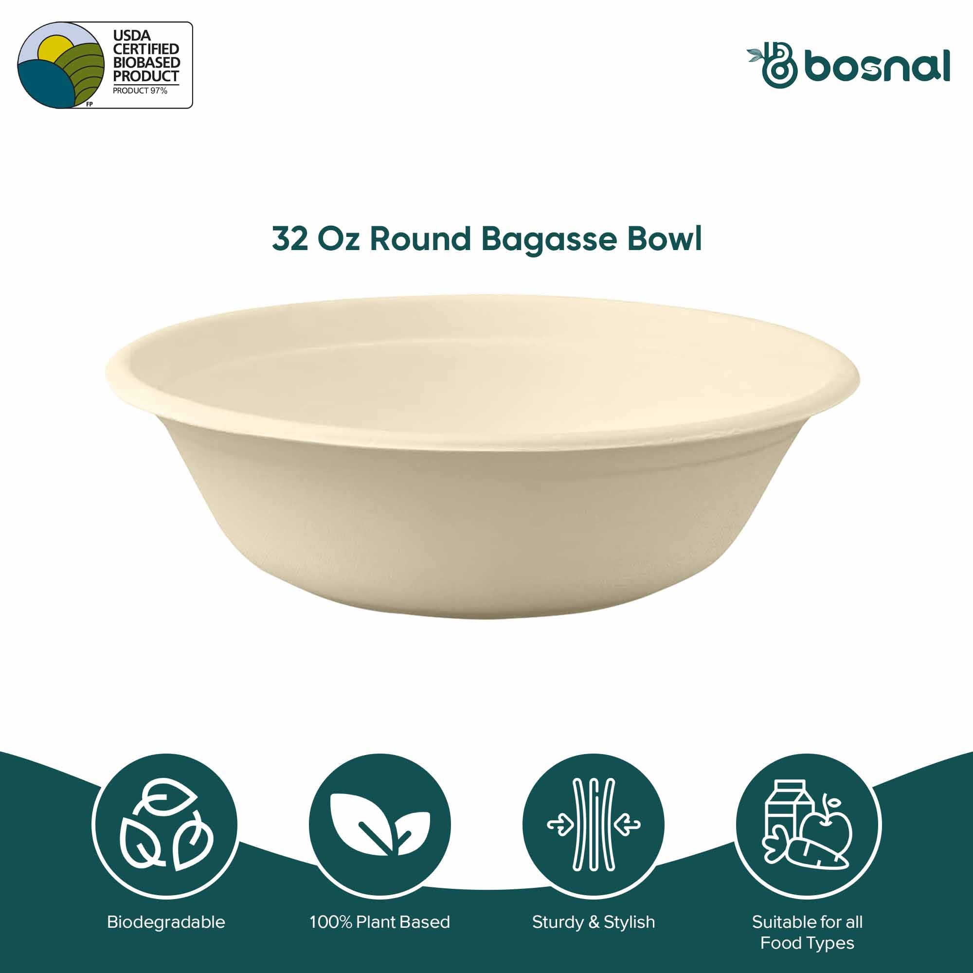 Bosnal - Sugarcane Bagasse Compostable Bowls, 32 Oz, Round