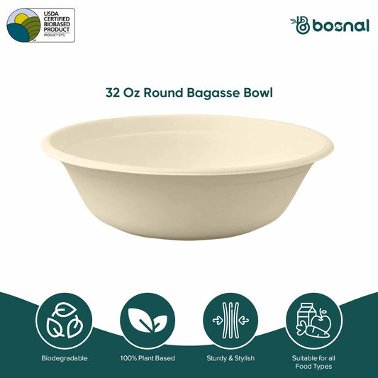 32 Oz Round Sugarcane Bagasse Compostable Bowls, Eco-Friendly Disposable Bowls, Microwave Safe, BPA-Free, Leak-Resistant