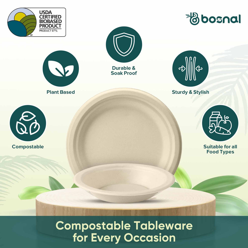 Bosnal - Sugarcane Bagasse Compostable 10 inch Round Plates with 16 Oz Bowls