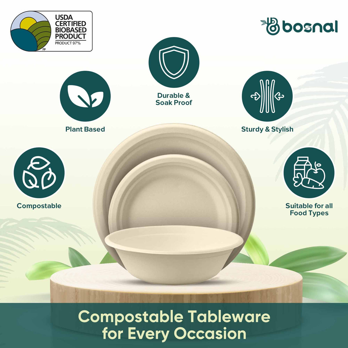 10 Inch & 7 Inch Round Plates with 32 oz Bowls, 100% Plant-Based Sugarcane Bagasse, Compostable, Microwave Safe Dinnerware
