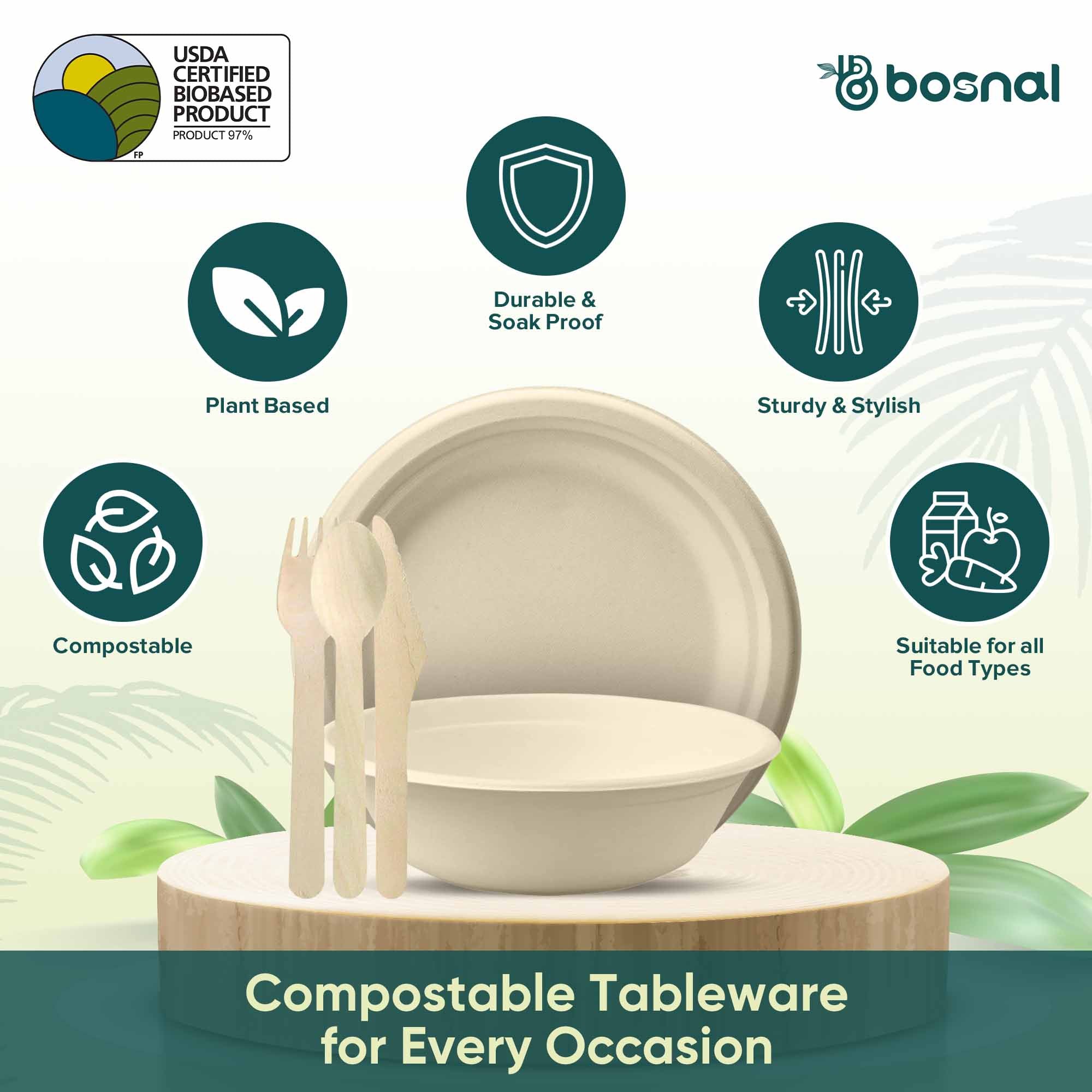 Bosnal – Sugarcane Bagasse Compostable 10 inch Round Plates with 32 Oz Bowls and Cutlery