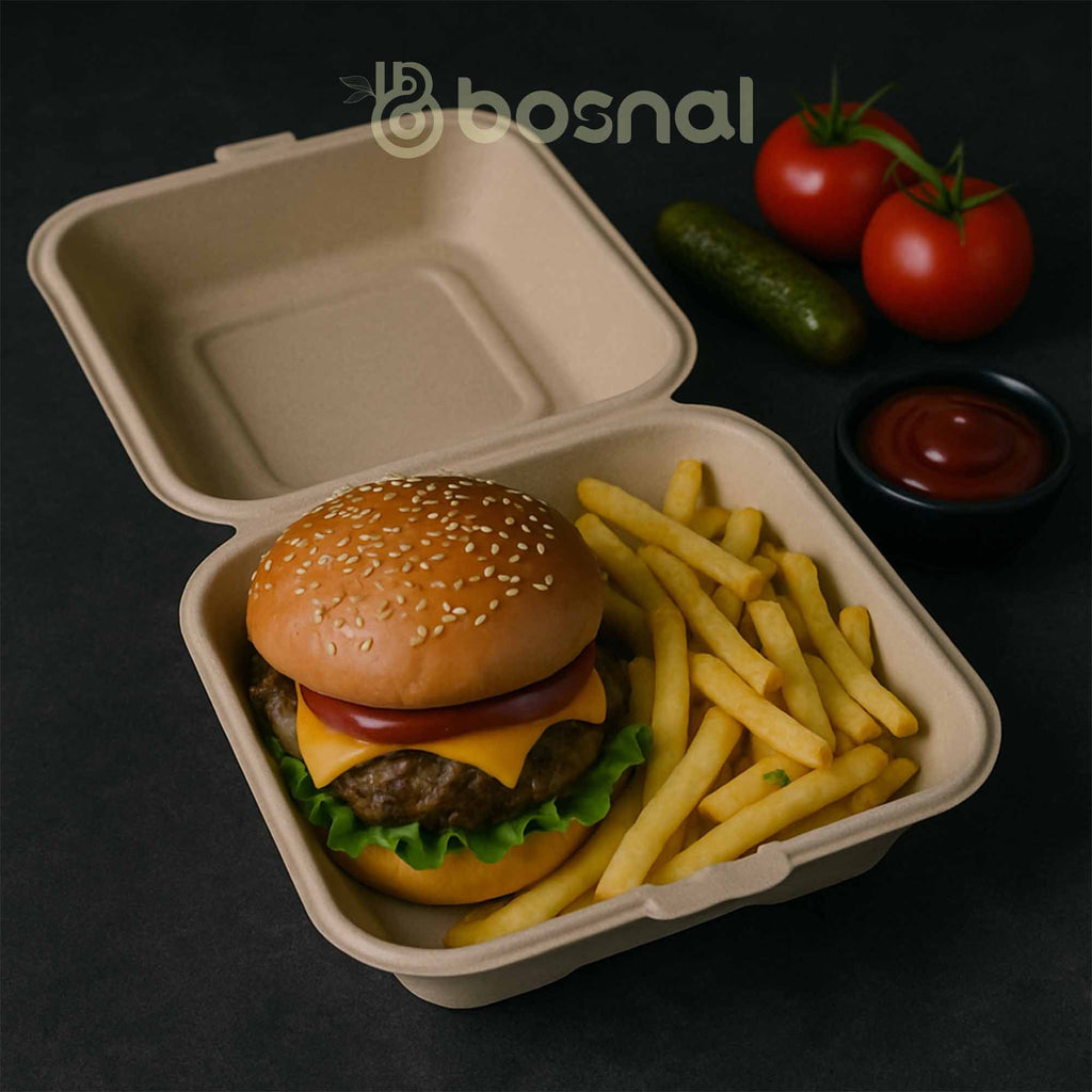 Bosnal - Sugarcane Bagasse Compostable 6inch Square Clamshell Containers - Case of 20 (500 Pcs)