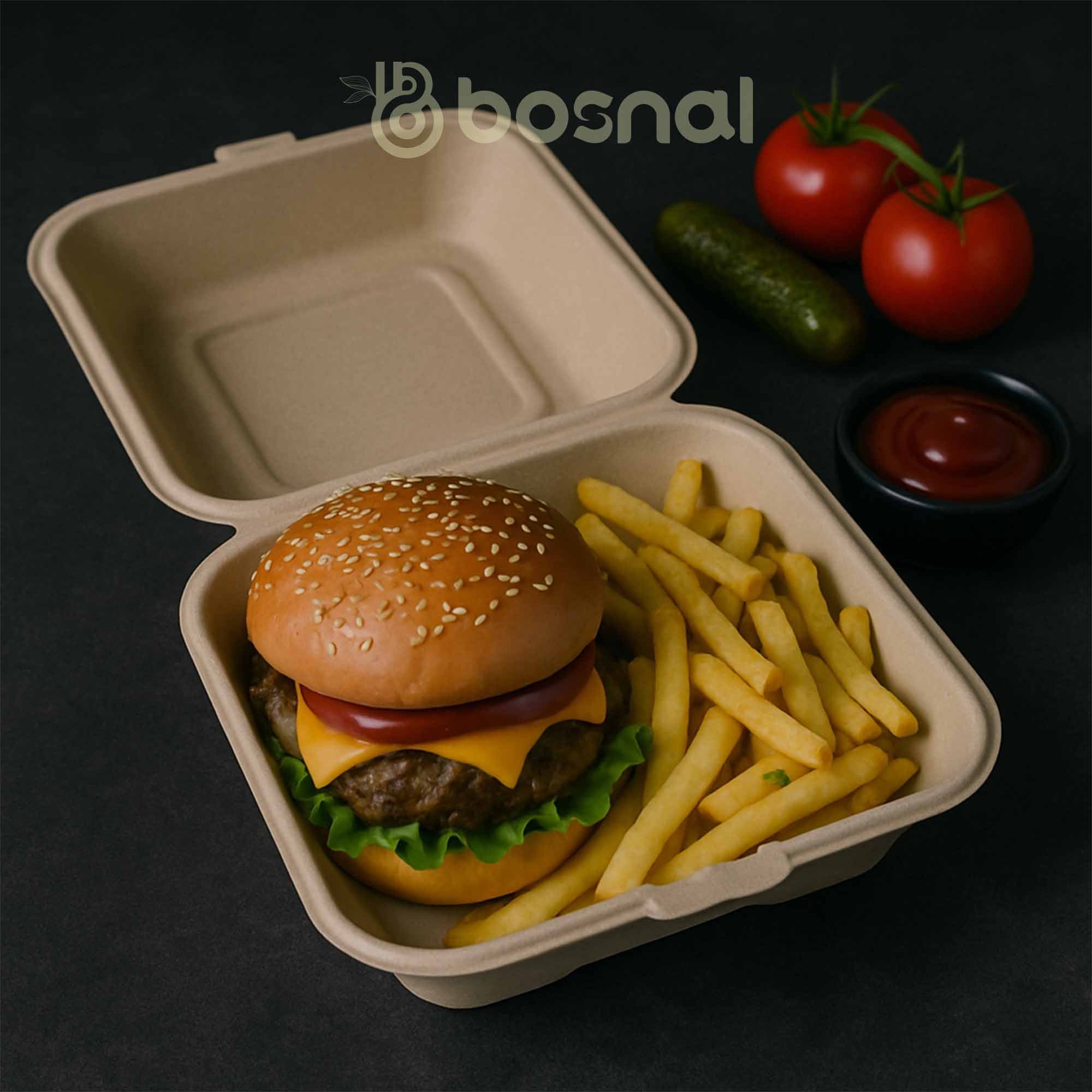 Bosnal - Sugarcane Bagasse Compostable 6inch Square Clamshell Containers - Case of 20 (500 Pcs)
