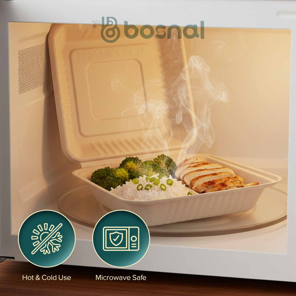 Bosnal - Sugarcane Bagasse Compostable 9 Inch 3-Compartment Clamshell - Case of 8 (200 Pcs)