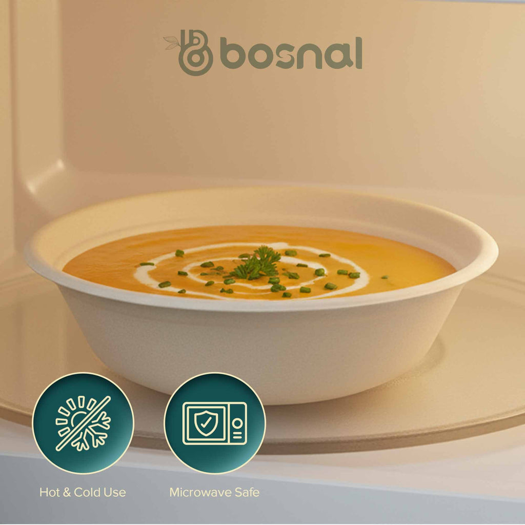 Bosnal - Sugarcane Bagasse Compostable 32 oz Round Bowls - Case of 16 (400 Pcs)
