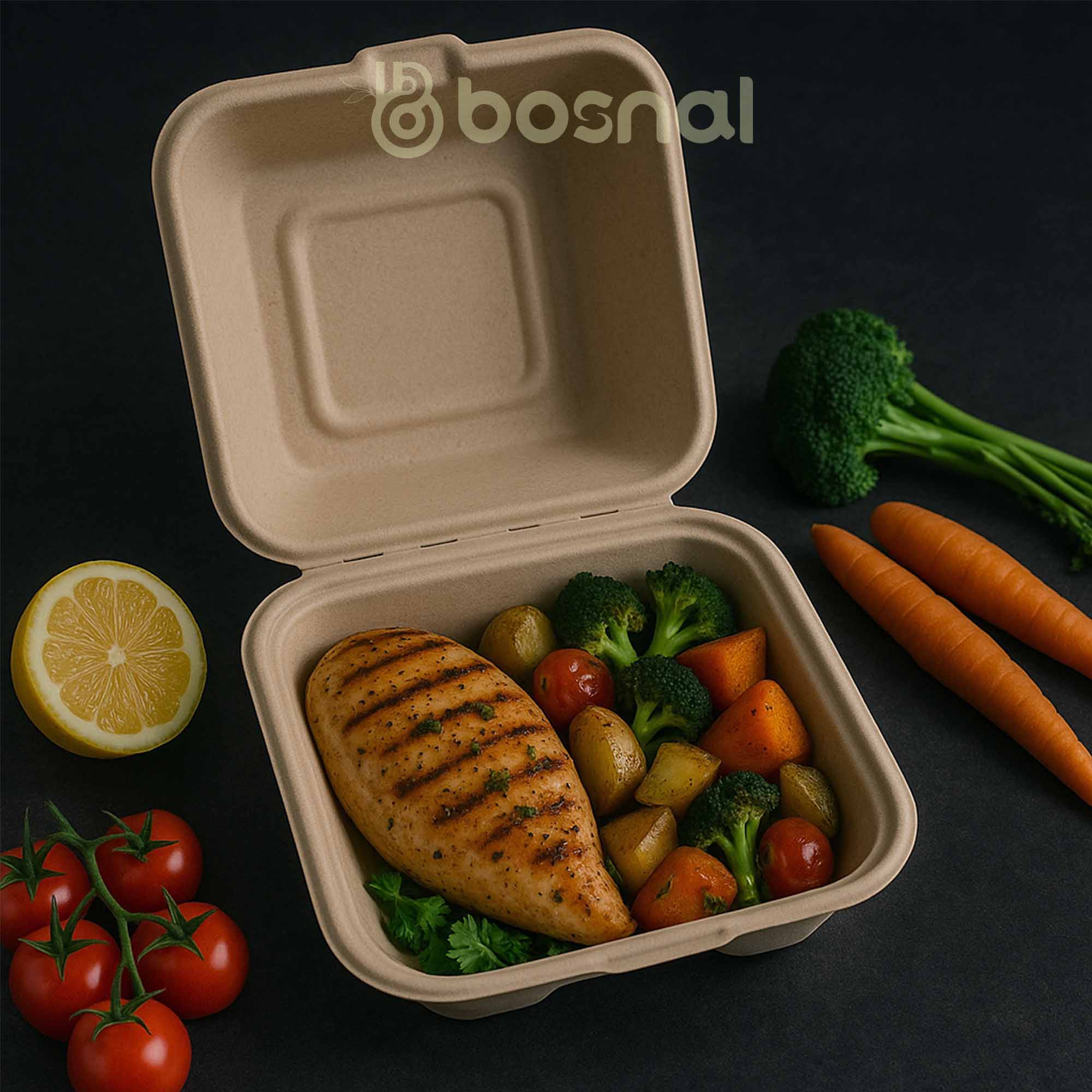 Bosnal - Sugarcane Bagasse Compostable 6inch Square Clamshell Containers - Case of 20 (500 Pcs)
