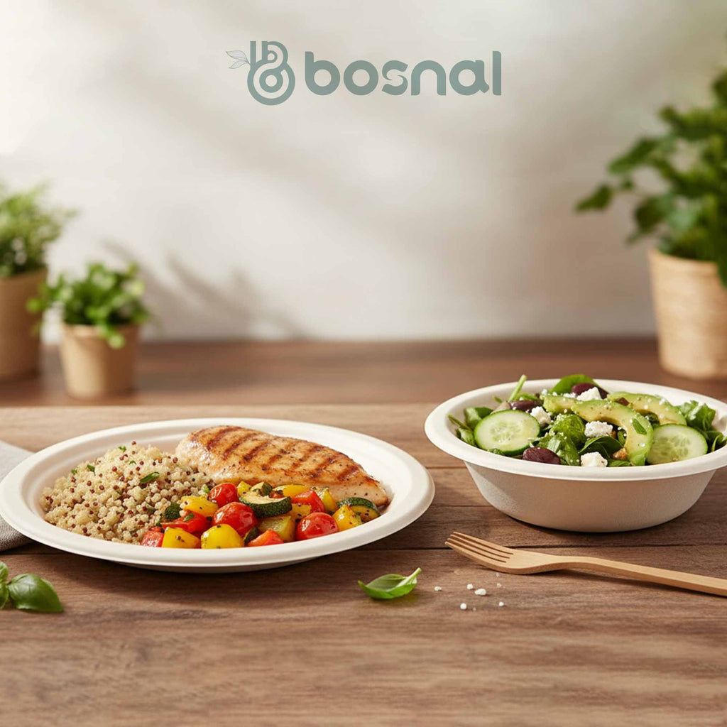 Bosnal - Sugarcane Bagasse Compostable 10 inch Round Plates with 16 Oz Bowls