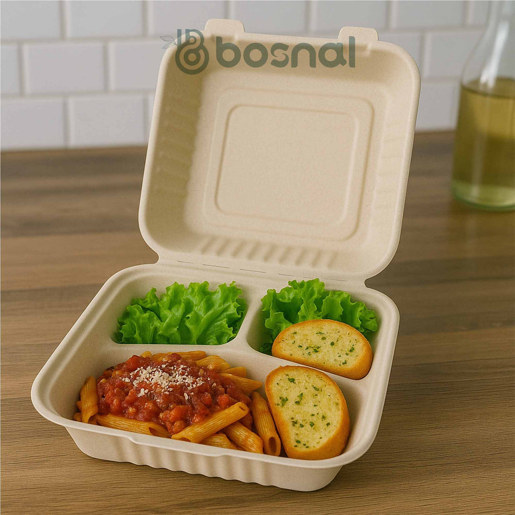 Bosnal - Sugarcane Bagasse Compostable 9 Inch 3-Compartment Clamshell - Case of 8 (200 Pcs)