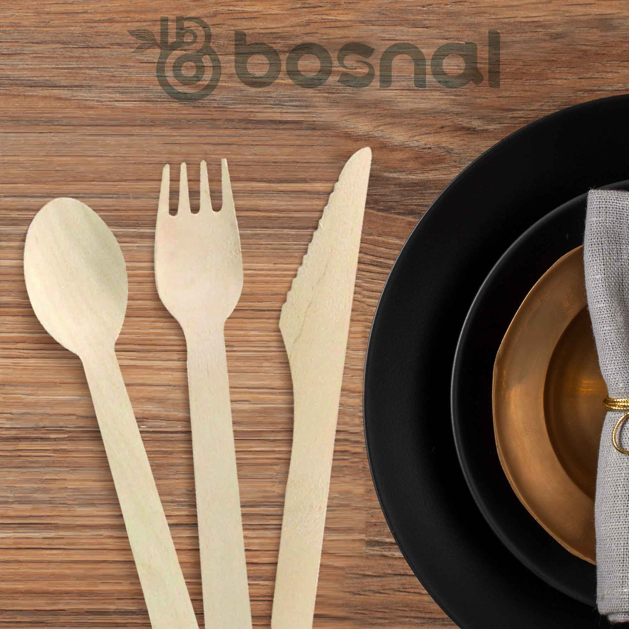 Bosnal – Wooden Disposable Cutlery Set, 6.5 inch, 100 Pcs, Birch Wood Spoons, Forks & Knives