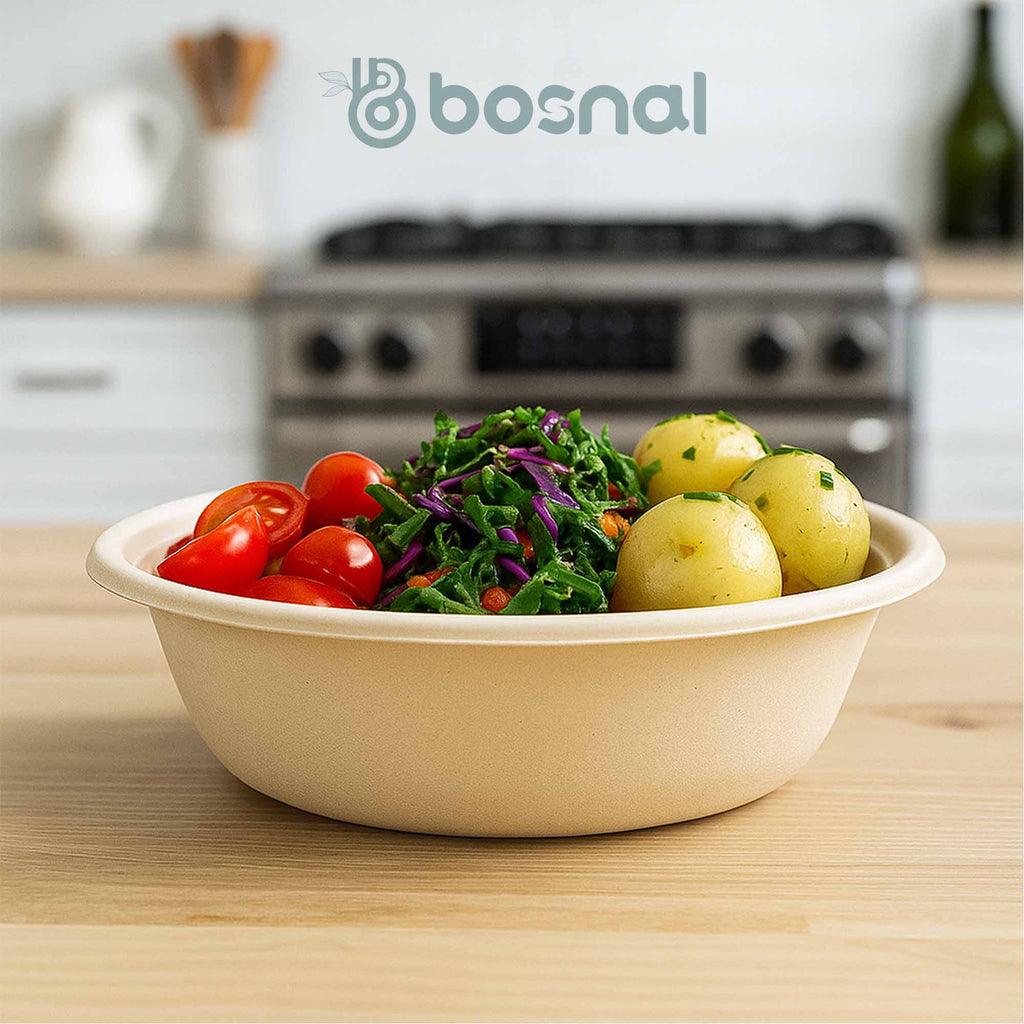 Bosnal - Sugarcane Bagasse Compostable 32 oz Round Bowls - Case of 16 (400 Pcs)