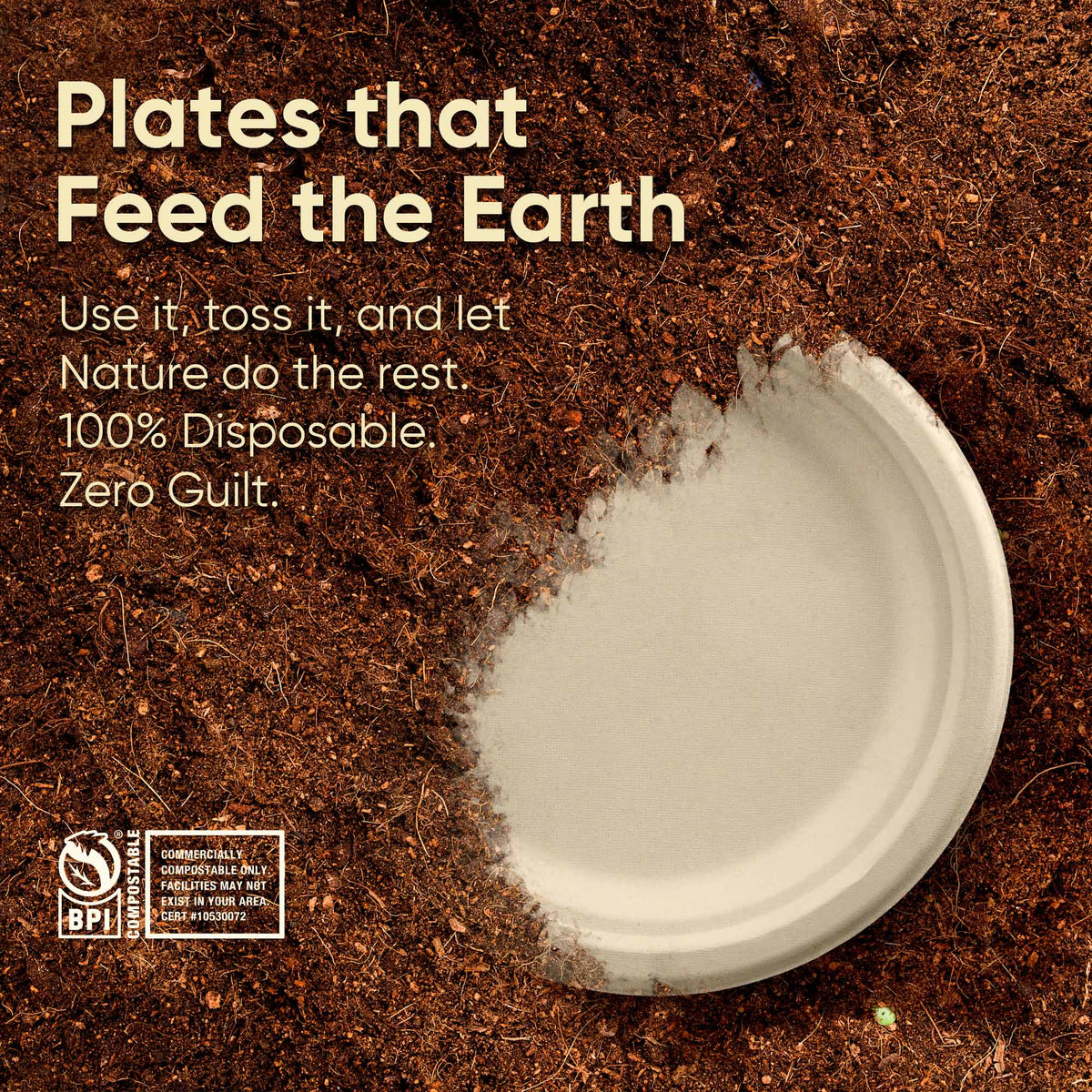 10 Inch Round Bagasse Compostable Plates – Biodegradable Sugarcane Pulp Plates, Sturdy Eco-Friendly Disposable Tableware for Parties & Events