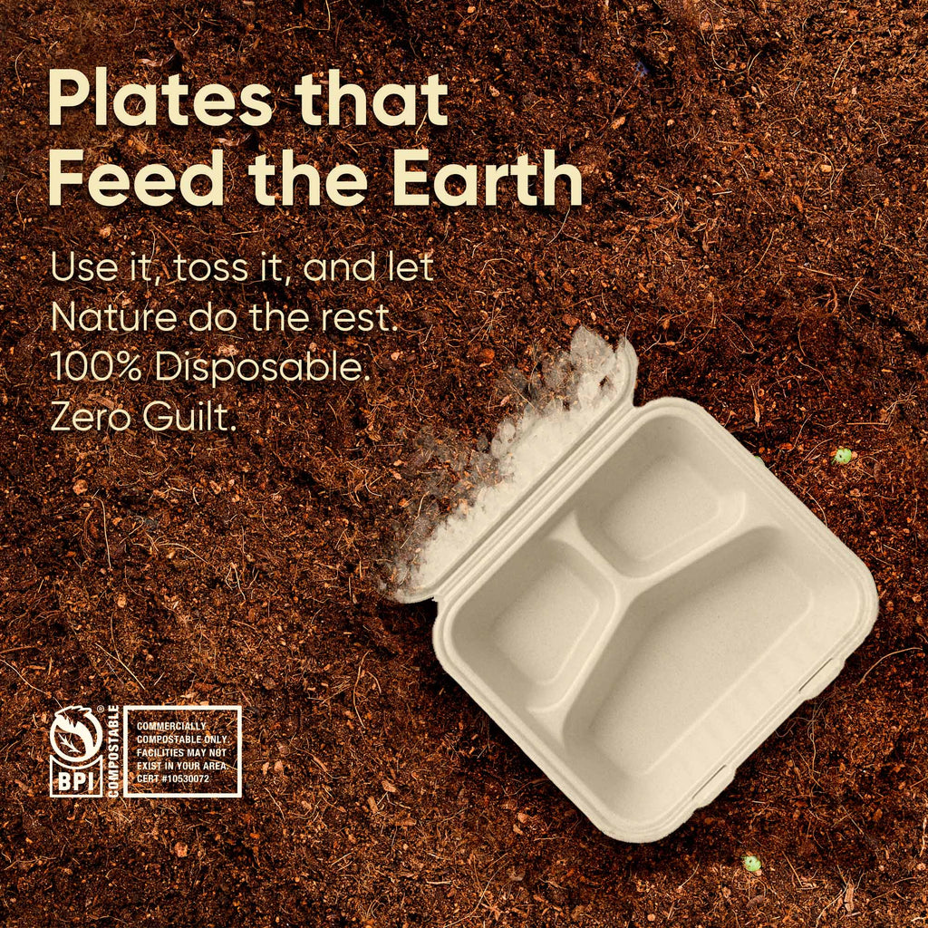 Bosnal - Sugarcane Bagasse Compostable Clamshell Boxes, 9 inch 3-Compartment, Square
