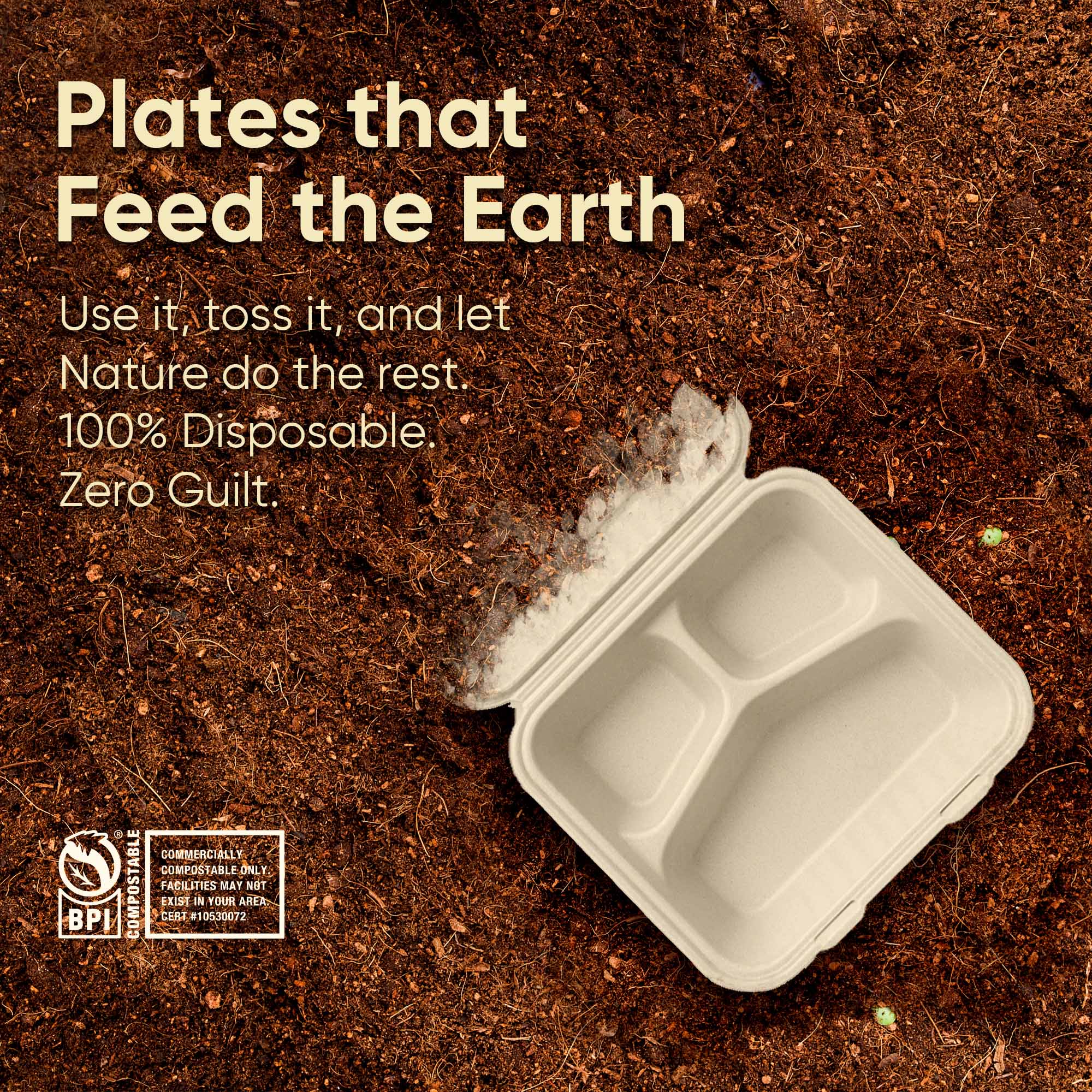 Bosnal - Sugarcane Bagasse Compostable Clamshell Boxes, 9 inch 3-Compartment, Square