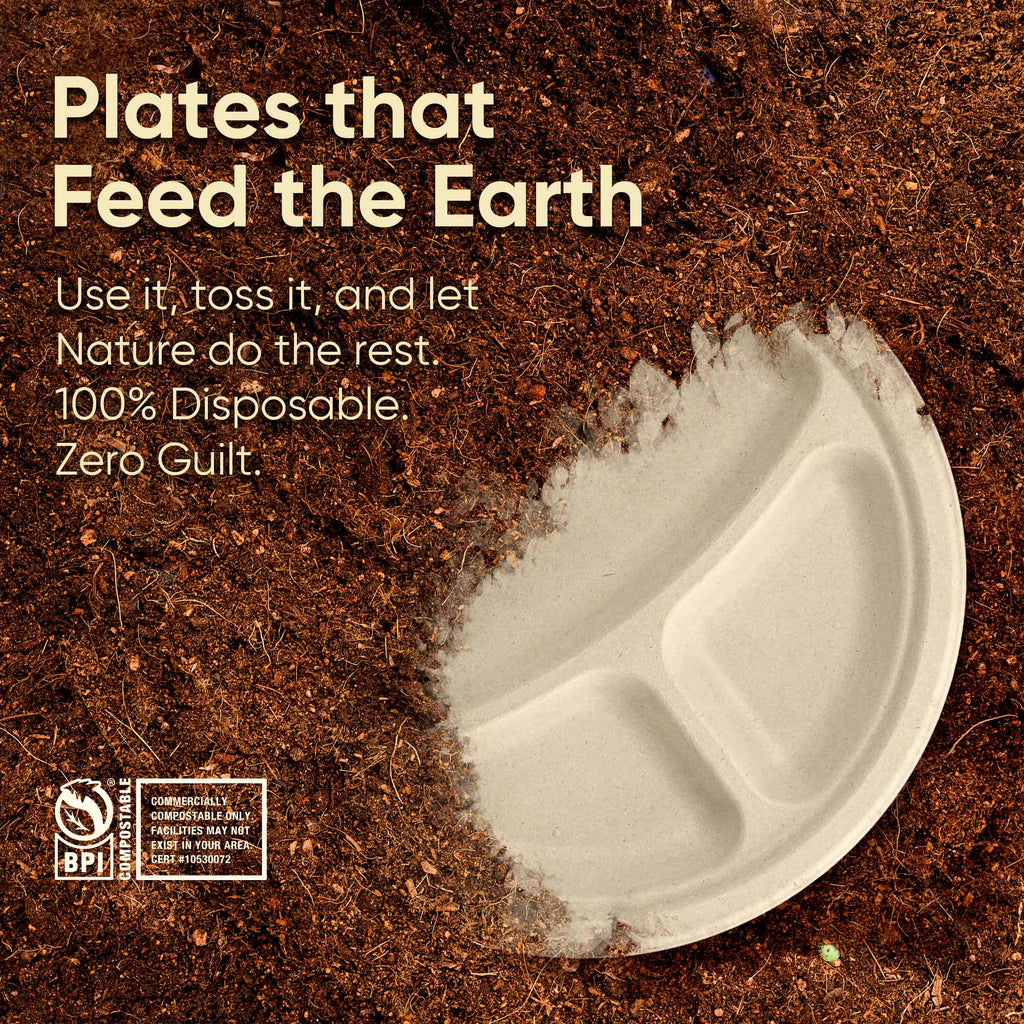 Bosnal - Sugarcane Bagasse Compostable Plates, 10 inch 3-Compartment, Round