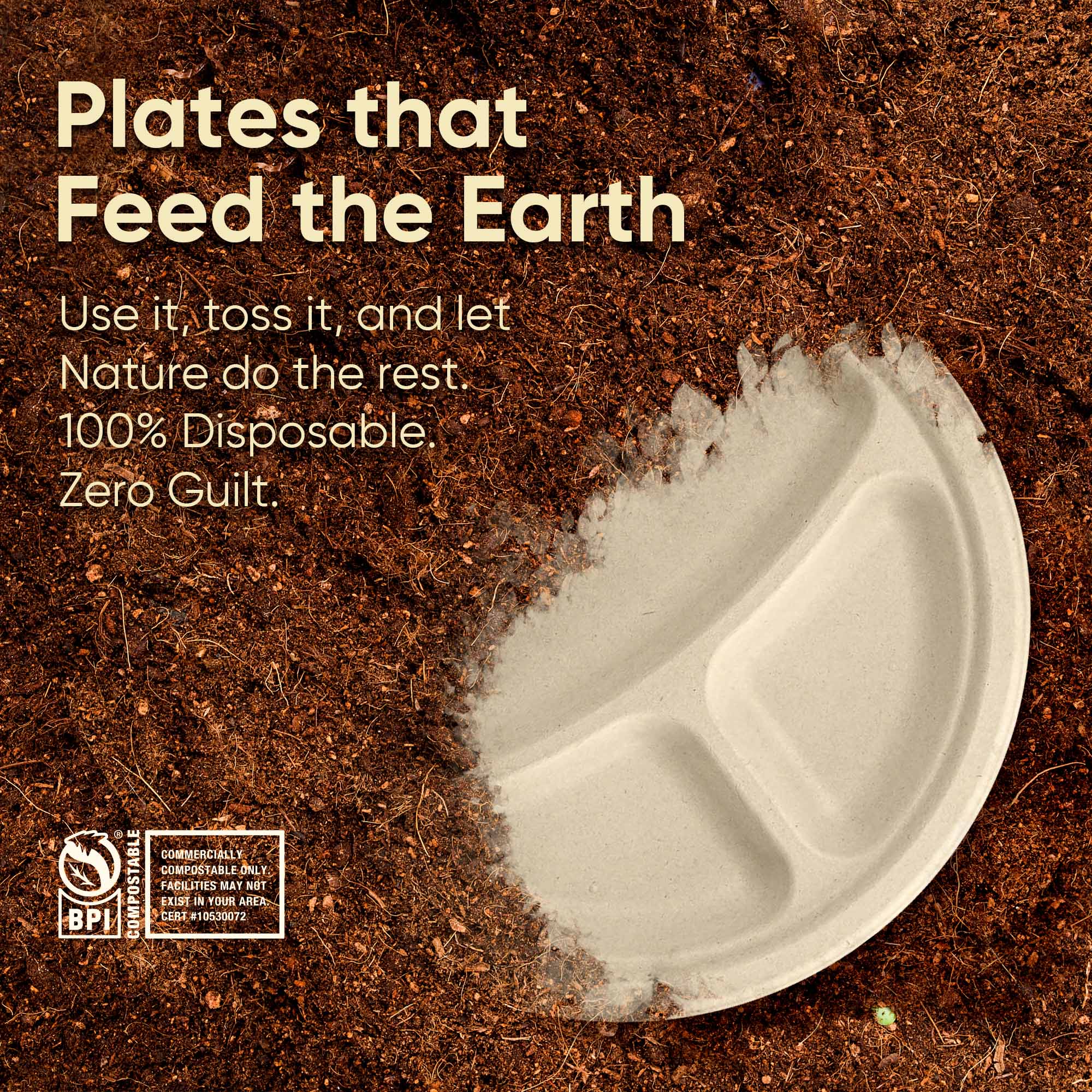 Bosnal - Sugarcane Bagasse Compostable 10 inch Round 3-Compartment Plates - Case of 20 (500 Pcs)