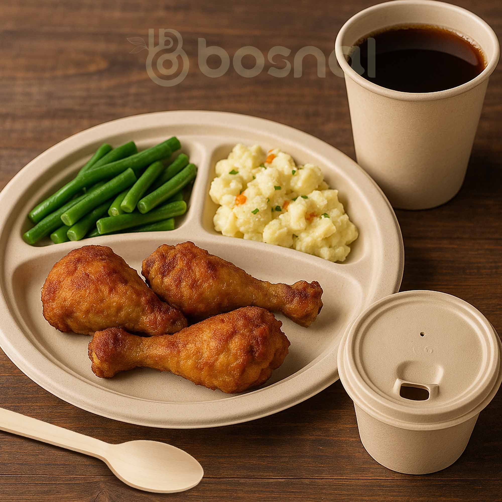 Bosnal – Sugarcane Bagasse Compostable 3-Compartment Round Plates & 8 Oz Cups with Lids & Cutlery