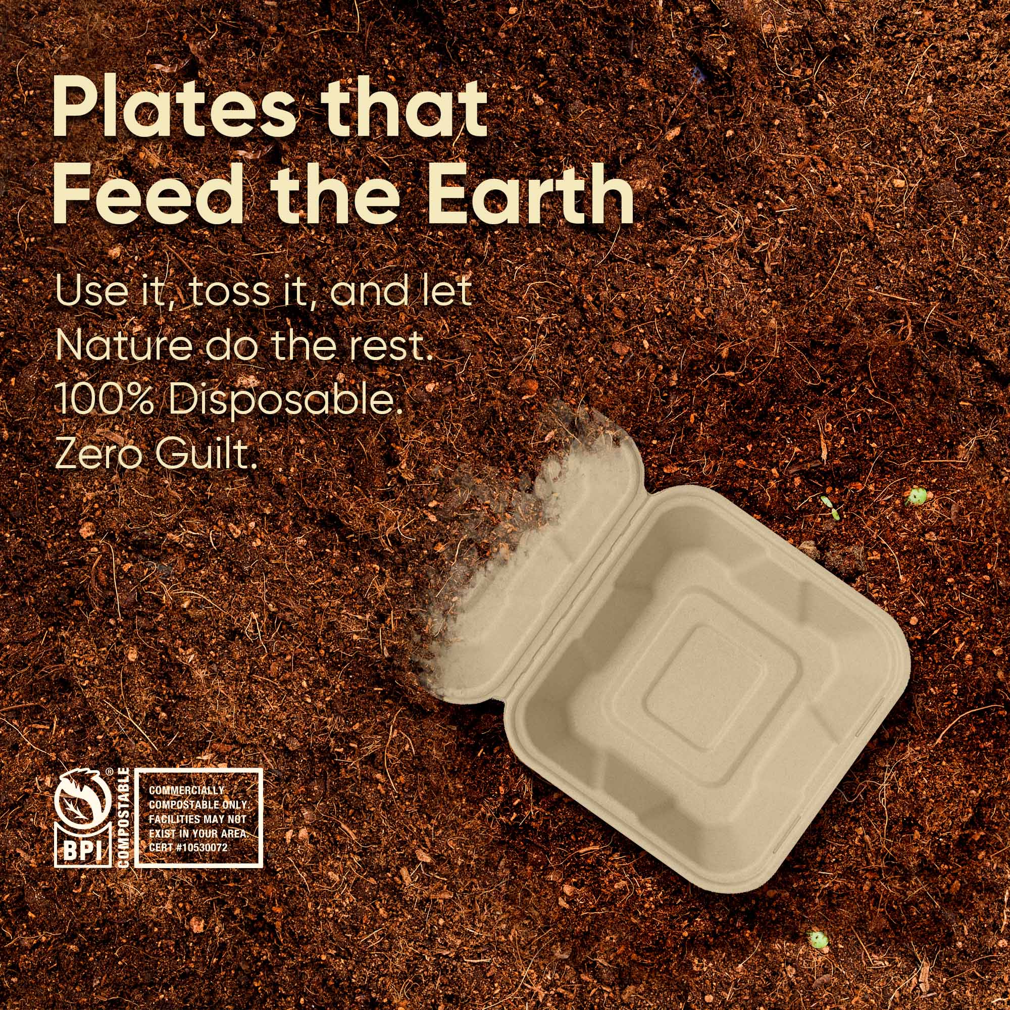 Bosnal - Sugarcane Bagasse Compostable 6inch Square Clamshell Containers - Case of 20 (500 Pcs)