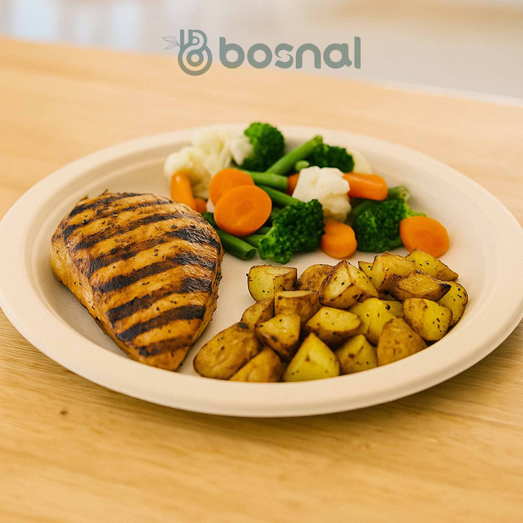 Bosnal – Sugarcane Bagasse Compostable 10 inch & 7 inch Round Plates, 10 inch Oval Plates, 32 Oz Bowls, 8 Oz Cups with Lids & Cutlery