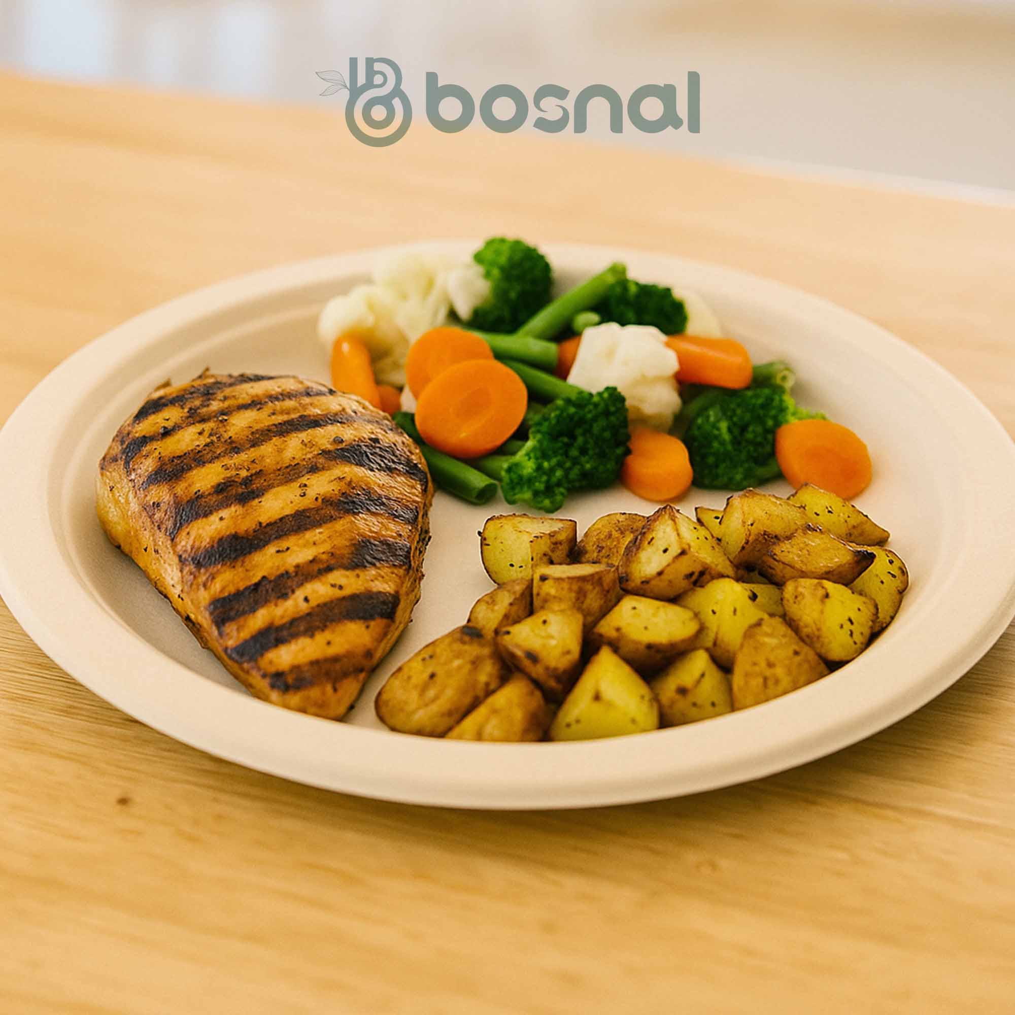 Bosnal – Sugarcane Bagasse Compostable 10 inch & 7 inch Round Plates, 10 inch Oval Plates, 32 Oz Bowls, 8 Oz Cups with Lids & Cutlery