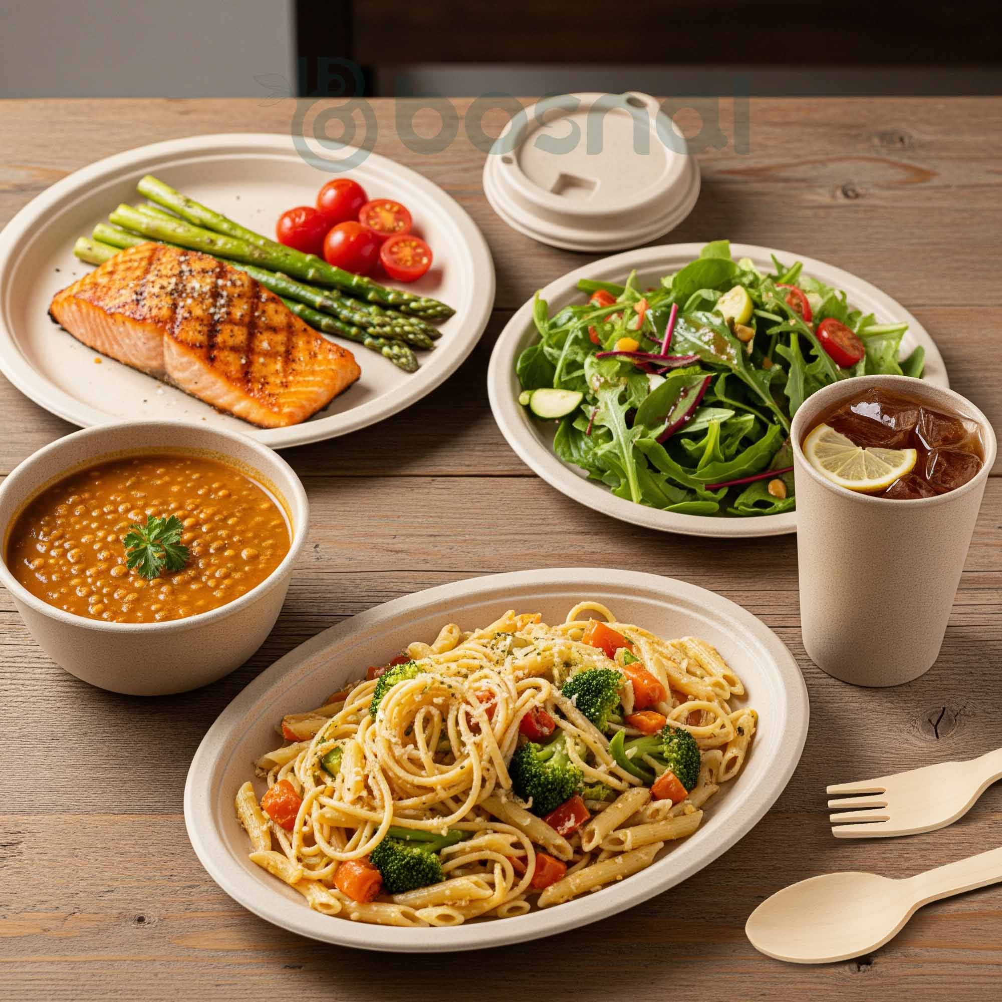 Bosnal – Sugarcane Bagasse Compostable 10 inch & 7 inch Round Plates, 10 inch Oval Plates, 32 Oz Bowls, 8 Oz Cups with Lids & Cutlery