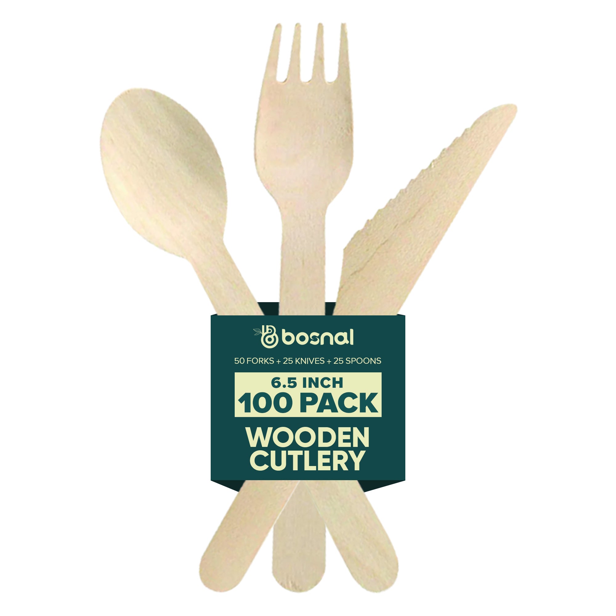 Bosnal – Wooden Disposable Cutlery Set, 6.5 inch, 100 Pcs, Birch Wood Spoons, Forks & Knives