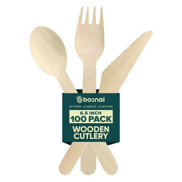 Bosnal – Wooden Disposable Cutlery Set, 6.5 inch, 100 Pcs, Birch Wood Spoons, Forks & Knives