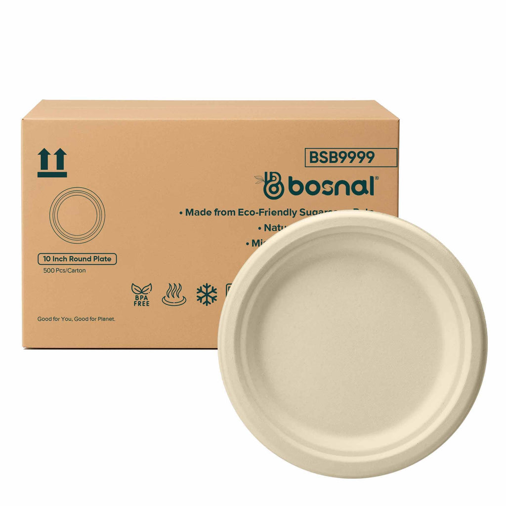 Bosnal - Sugarcane Bagasse Compostable 10 inch Round Plates - Case of 20 (500 Pcs)