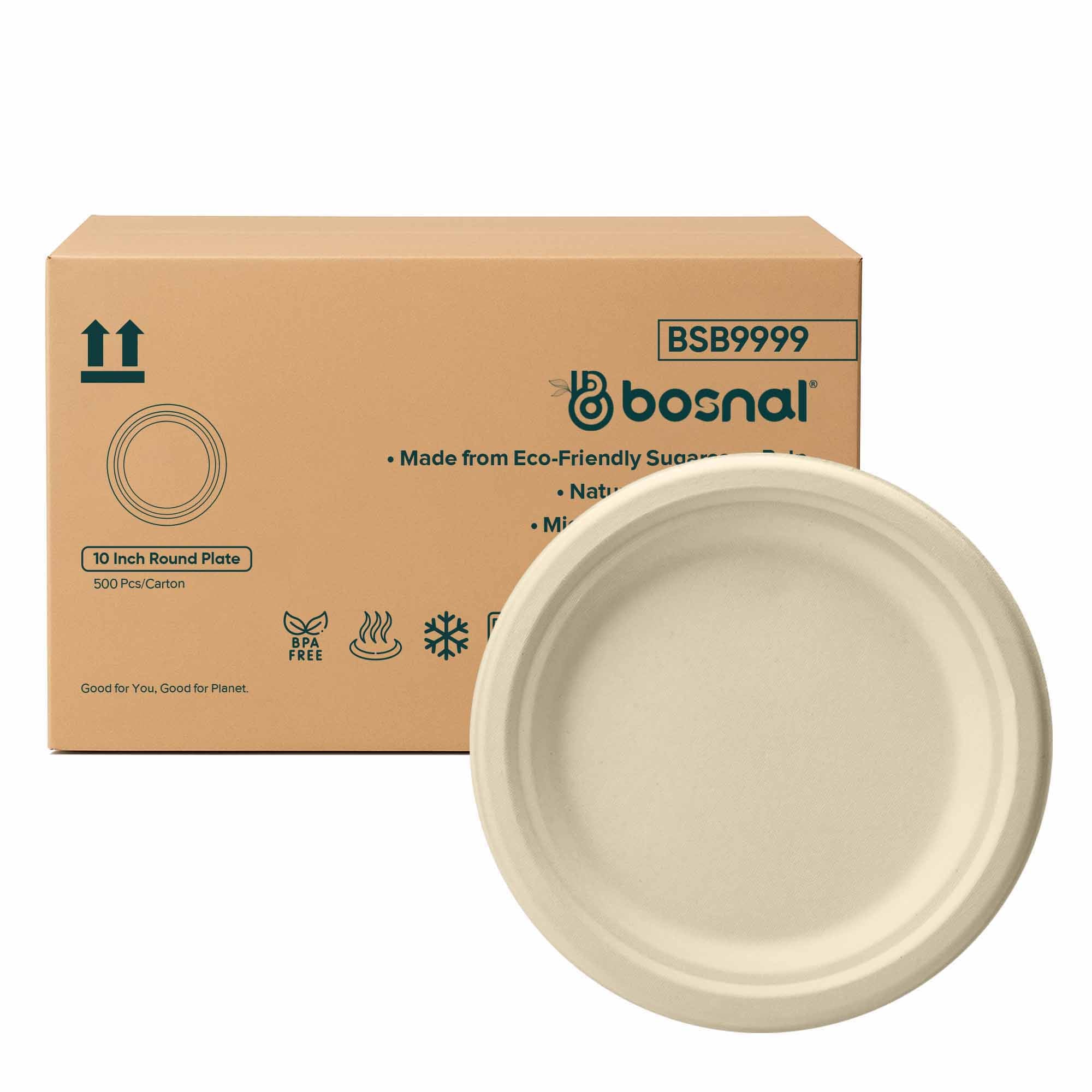 Bosnal - Sugarcane Bagasse Compostable 10 inch Round Plates - Case of 20 (500 Pcs)