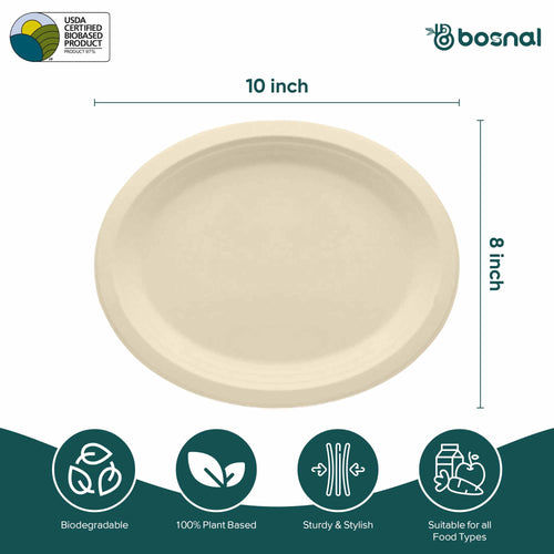10 Inch Oval Bagasse Compostable Plates, Eco-Friendly Biodegradable Sugarcane Tableware, Durable for Parties & Everyday Use