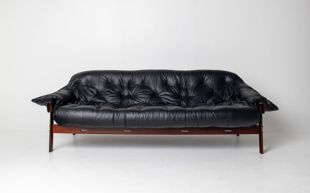 Brazilian Modern MP-41 Sofa in New Black leather and Brazilian Hardwood by Percival Lafer