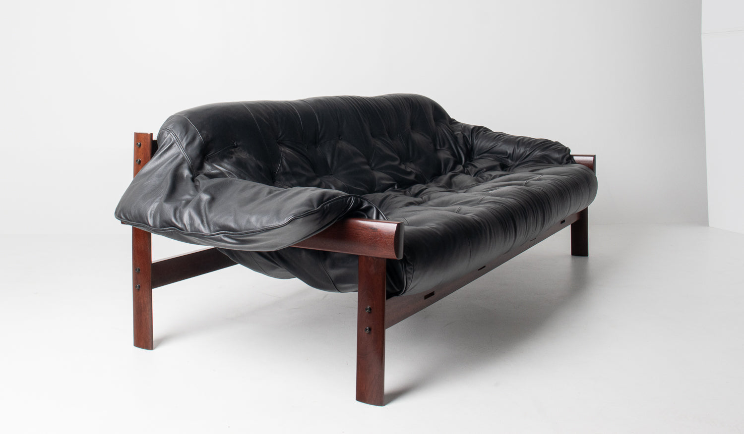 Brazilian Modern MP-41 Sofa in New Black leather and Brazilian Hardwood by Percival Lafer