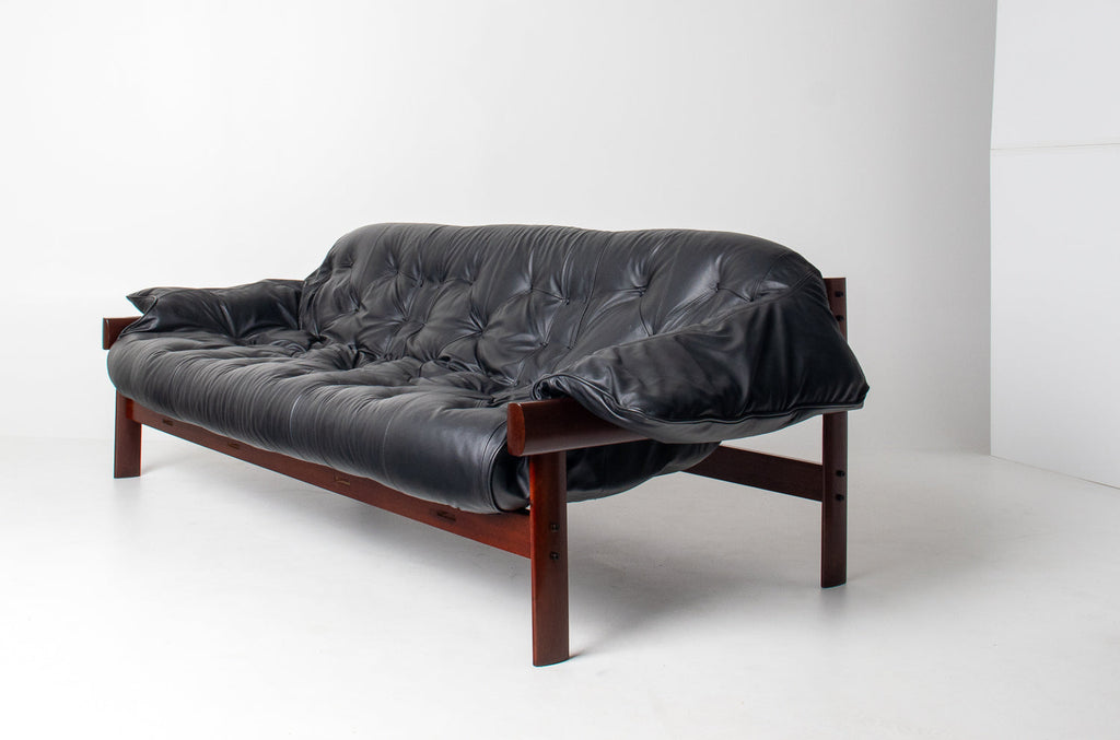 Brazilian Modern MP-41 Sofa in New Black leather and Brazilian Hardwood by Percival Lafer